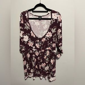 Torrid Burgundy Floral 3/4 Length Sleeve Hi Low Babydoll Tunic
